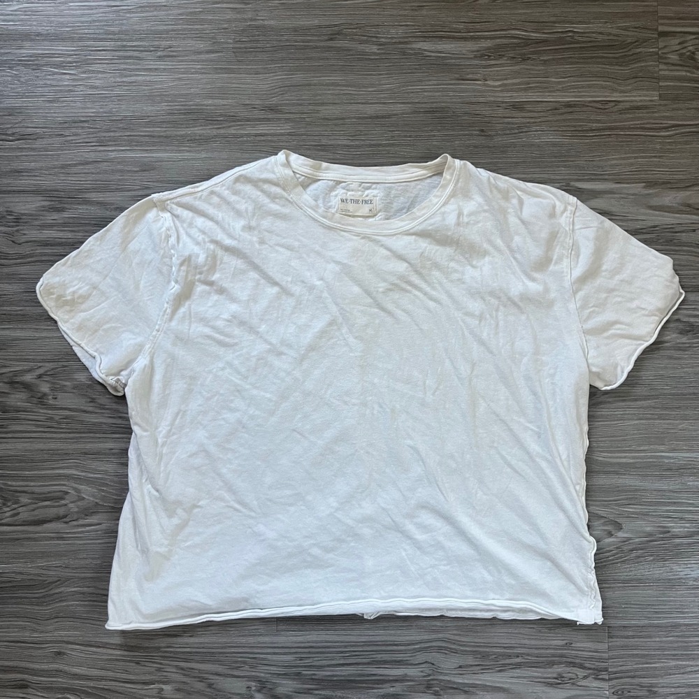 We The Free Free People White Cotton Raw Edge Boxy Short Sleeve Tee OB1690079 M